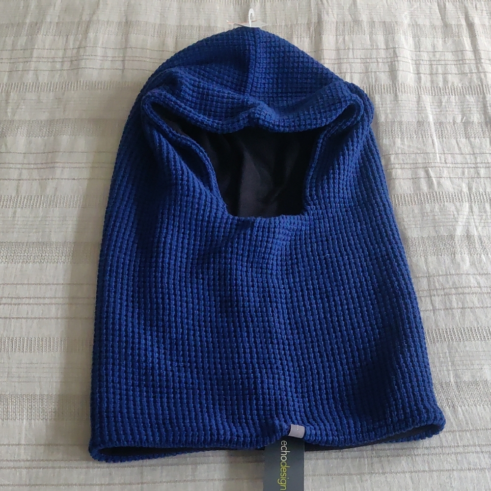 New!Echo Design Blue Waffle Wool Knit Fleece Lined Hood Balaclava, One Size Y2K